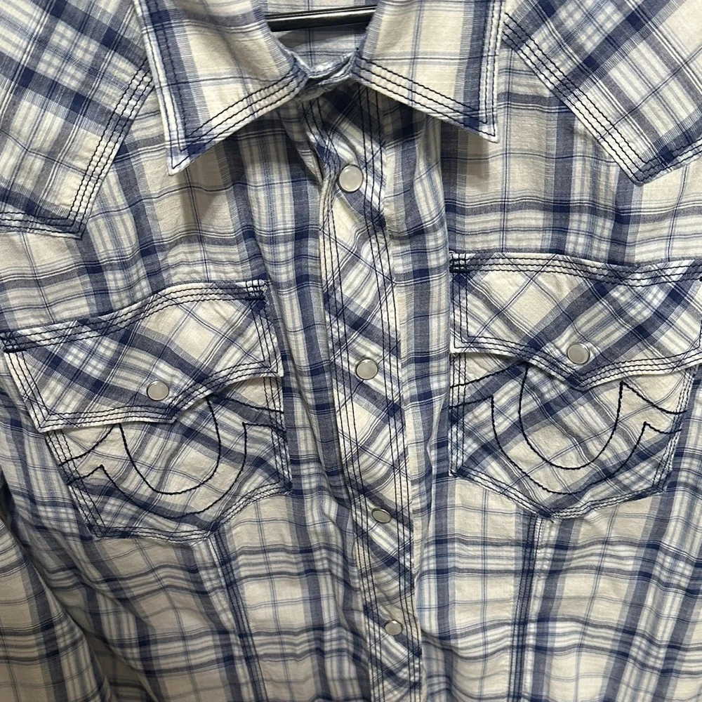 True Religion White and Blue Plaid Button-Down Shirt
